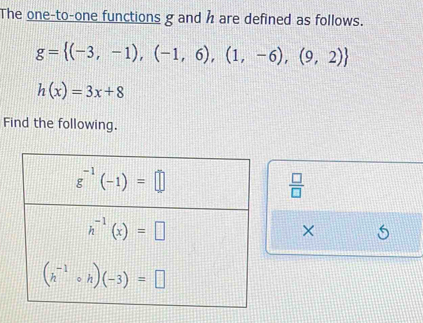 The one-to-one functions g and h are defined as follows.
g= (-3,-1),(-1,6),(1,-6),(9,2)
h(x)=3x+8
Find the following.
 □ /□  
×