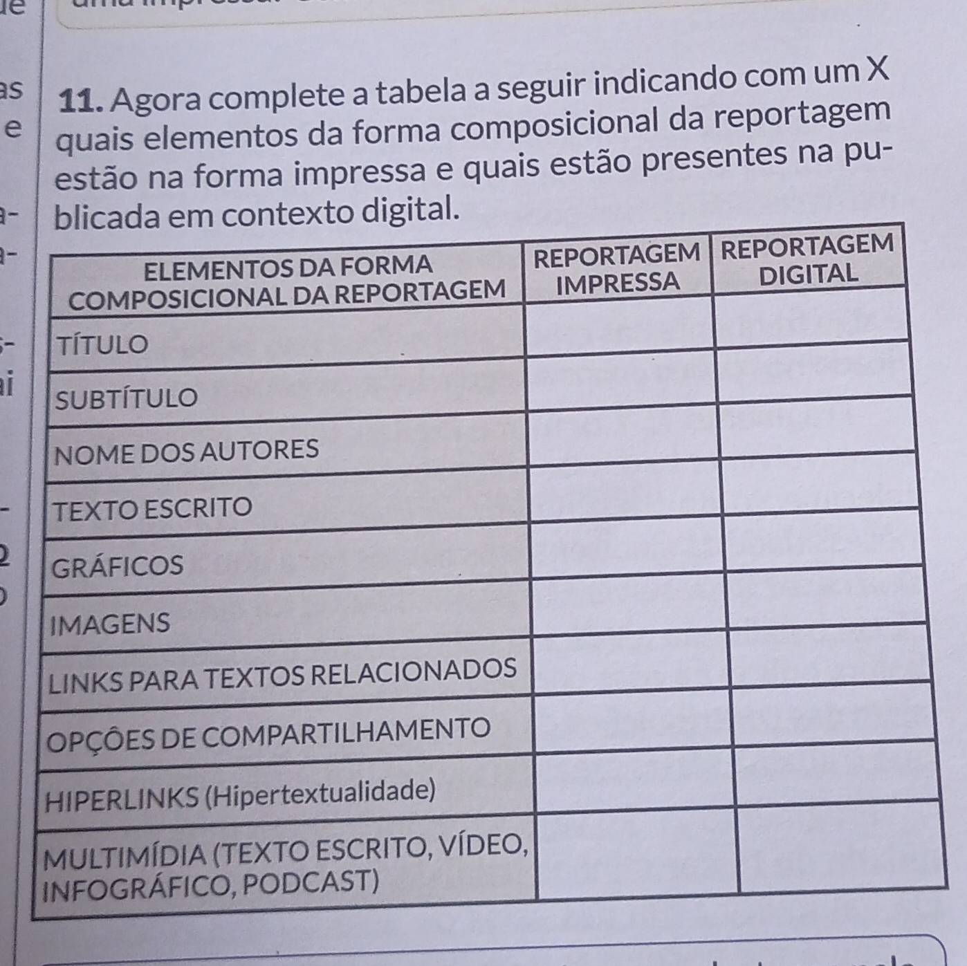 1e 
s 11. Agora complete a tabela a seguir indicando com um X
e quais elementos da forma composicional da reportagem 
estão na forma impressa e quais estão presentes na pu- 
-