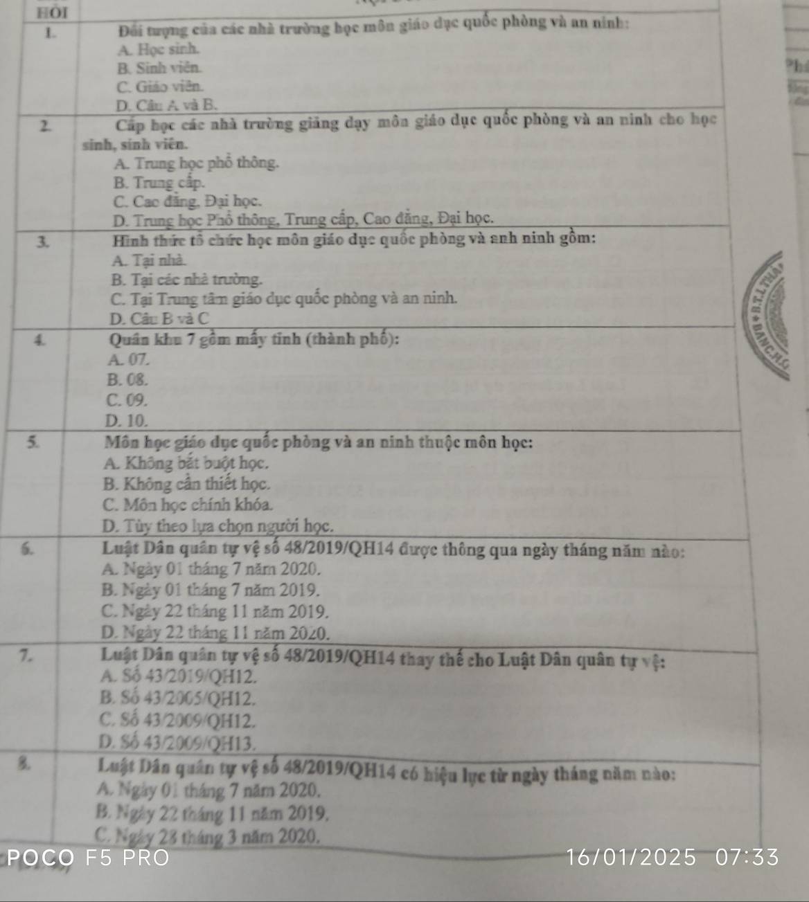 Hôi
L Đối tượng của các nhà trường học môn giáo dục quốc phòng và an ninh:
?h
S0ng
a
2
3
4
5.
6.
7.
B.
POCO F5 PRO 16/01/2025