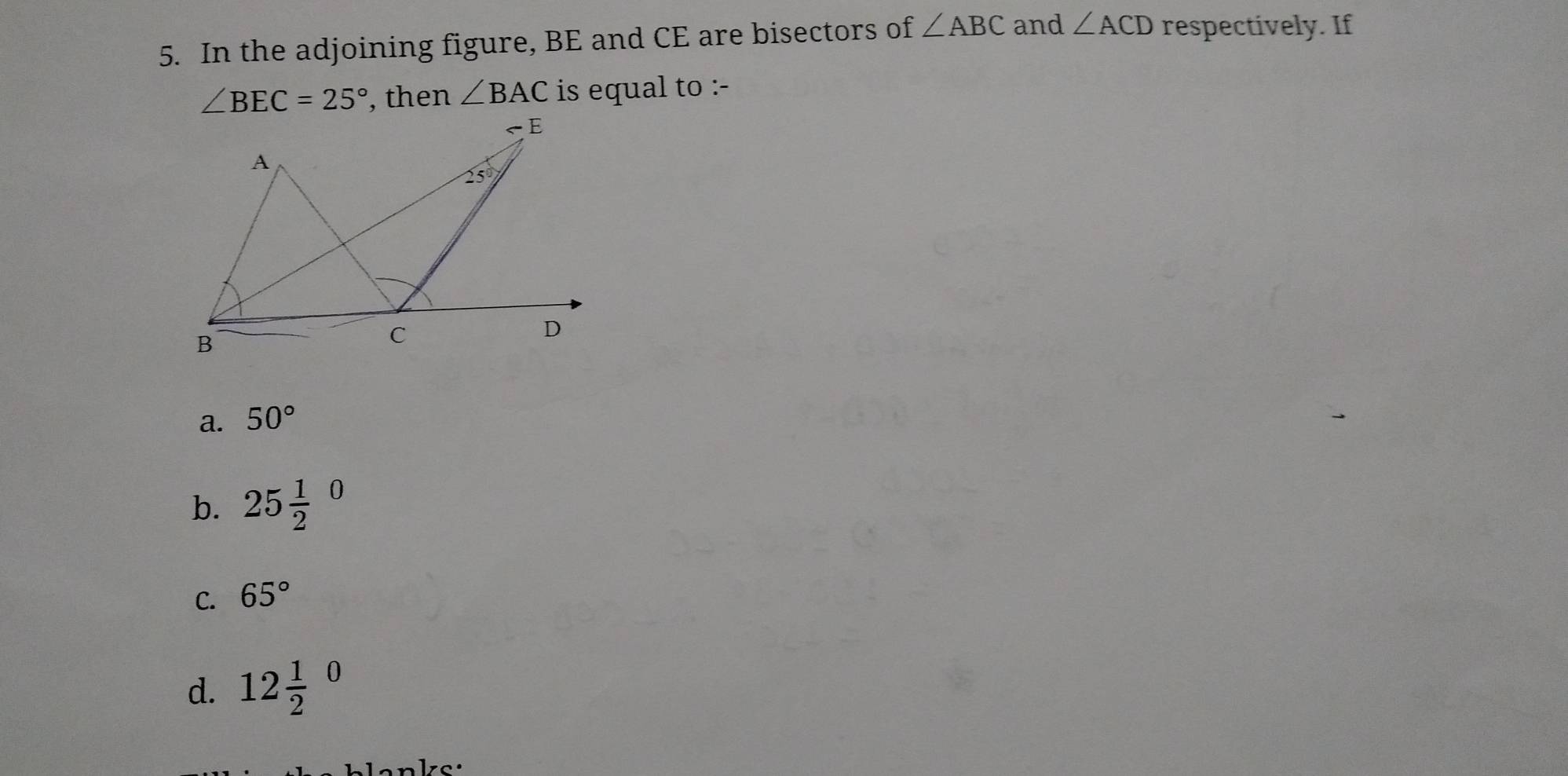 Solved: In the adjoining figure, BE and CE are bisectors of ∠ ABC and ∠ ...