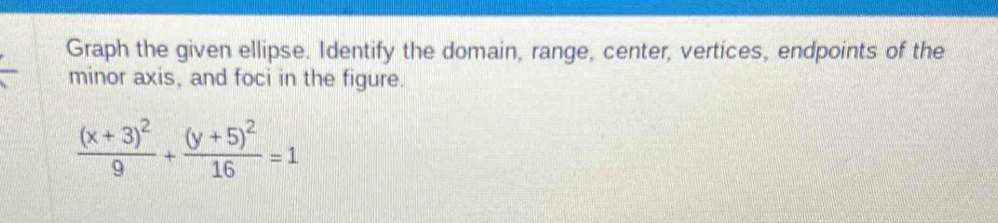 Graph the given ellipse. Identify the domain, range, center, vertices, endpoints of the 
minor axis, and foci in the figure.
frac (x+3)^29+frac (y+5)^216=1