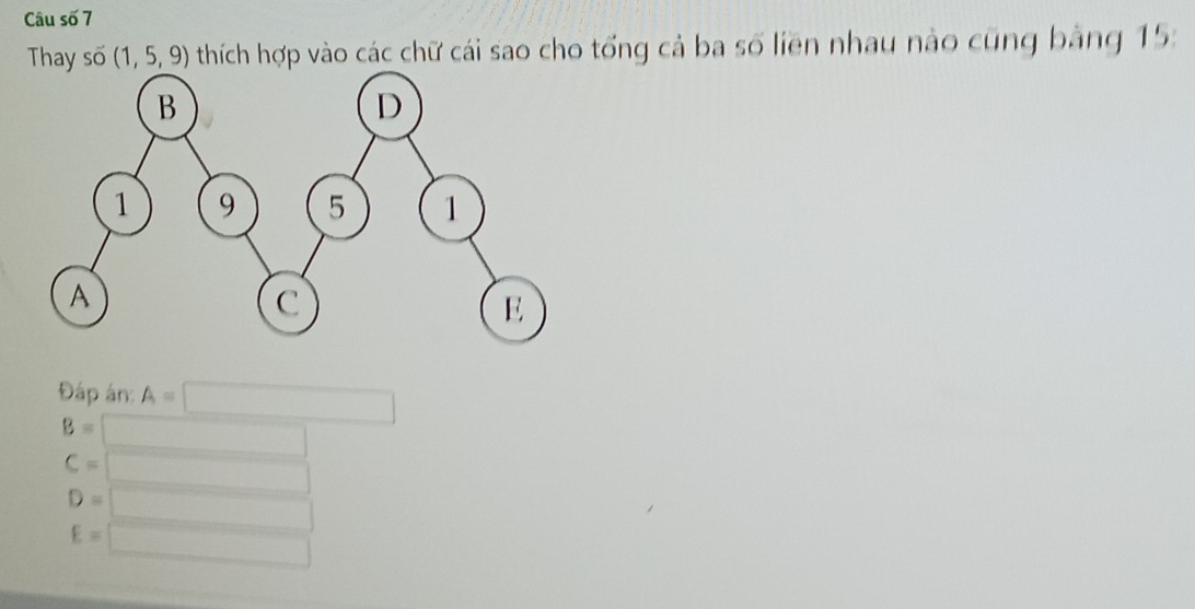 Câu số 7
Thay số (1,5,9) thích hợp vào các chữ cái sao cho tổng cả ba số liên nhau nào cũng bằng 15 :
Đáp án: A=□
B=□
C=□
D=□
E=□