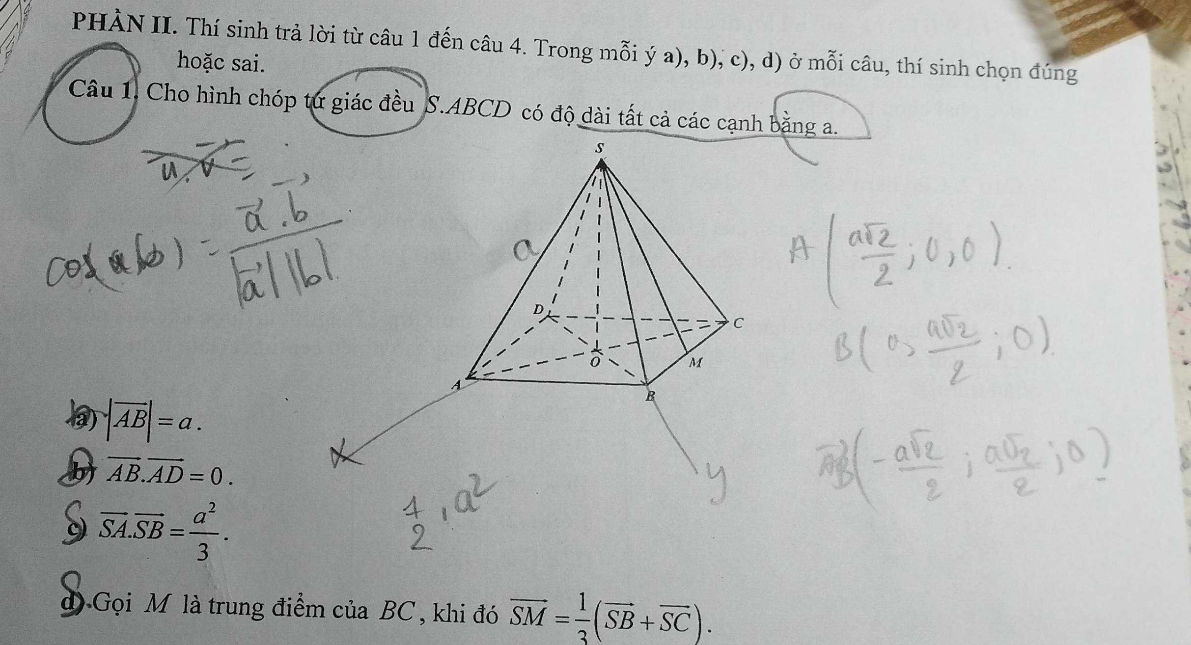 PHÀN II. Thí sinh trả lời từ câu 1 đến câu 4. Trong mỗi ý a), b), c), d) ở mỗi câu, thí sinh chọn đúng
hoặc sai.
Câu 1. Cho hình chóp tứ giác đều S. ABCD có độ dài tất cả các cạnh bằng a.
|vector AB|=a.
b vector AB.vector AD=0.
overline SA.overline SB= a^2/3 . 
d) Gọi M là trung điểm của BC , khi đó vector SM= 1/3 (vector SB+vector SC).