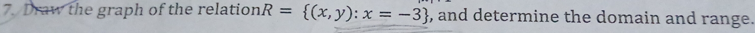 Draw the graph of the relation R= (x,y):x=-3 , and determine the domain and range.