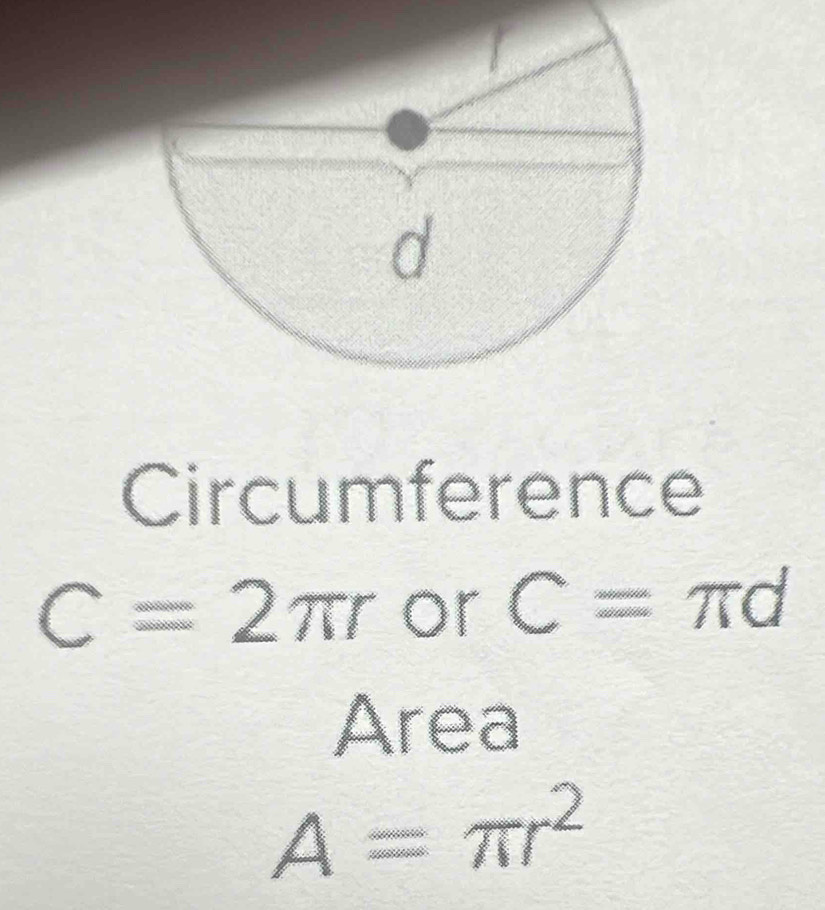 Circumference
C=2π r or C=π d
Area
A=π r^2