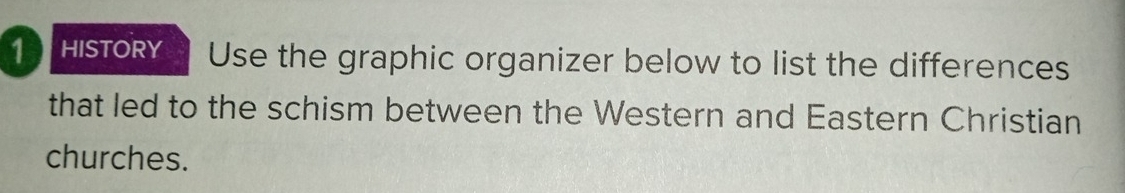 HISTORY Use the graphic organizer below to list the differences 
that led to the schism between the Western and Eastern Christian 
churches.