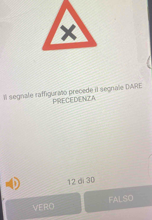 Il segnale raffigurato precede il segnale DARE
PRECEDENZA
12 di 30
VERO FALSO