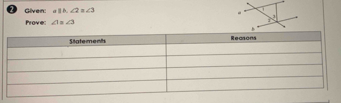 Given: a||b, ∠ 2≌ ∠ 3
Prove: ∠ 1≌ ∠ 3