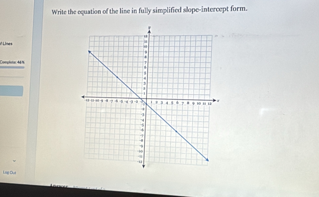 Write the equation of the line in fully simplified slope-intercept form. 
f Lines 
Complete: 46%
Log Out