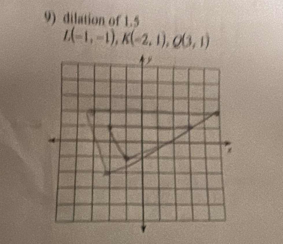 dilation of 1.5
L(-1,-1), K(-2,1), Q(3,1)