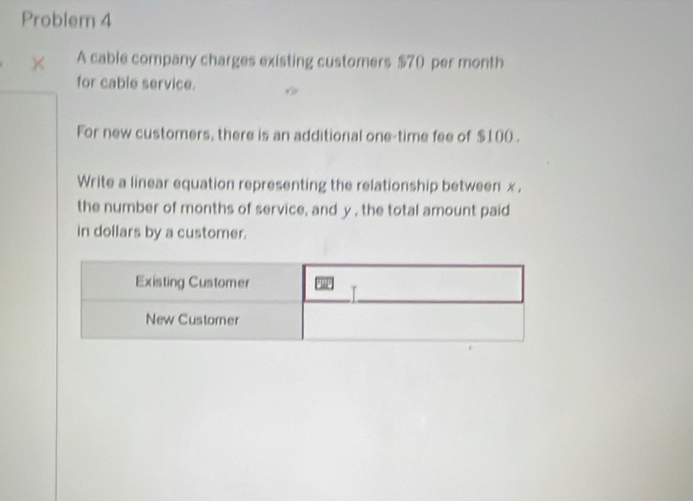 Problem 4 
A cable company charges existing customers $70 per month
for cable service. 
For new customers, there is an additional one-time fee of $100. 
Write a linear equation representing the relationship between x. 
the number of months of service, and y , the total amount paid 
in dollars by a customer.