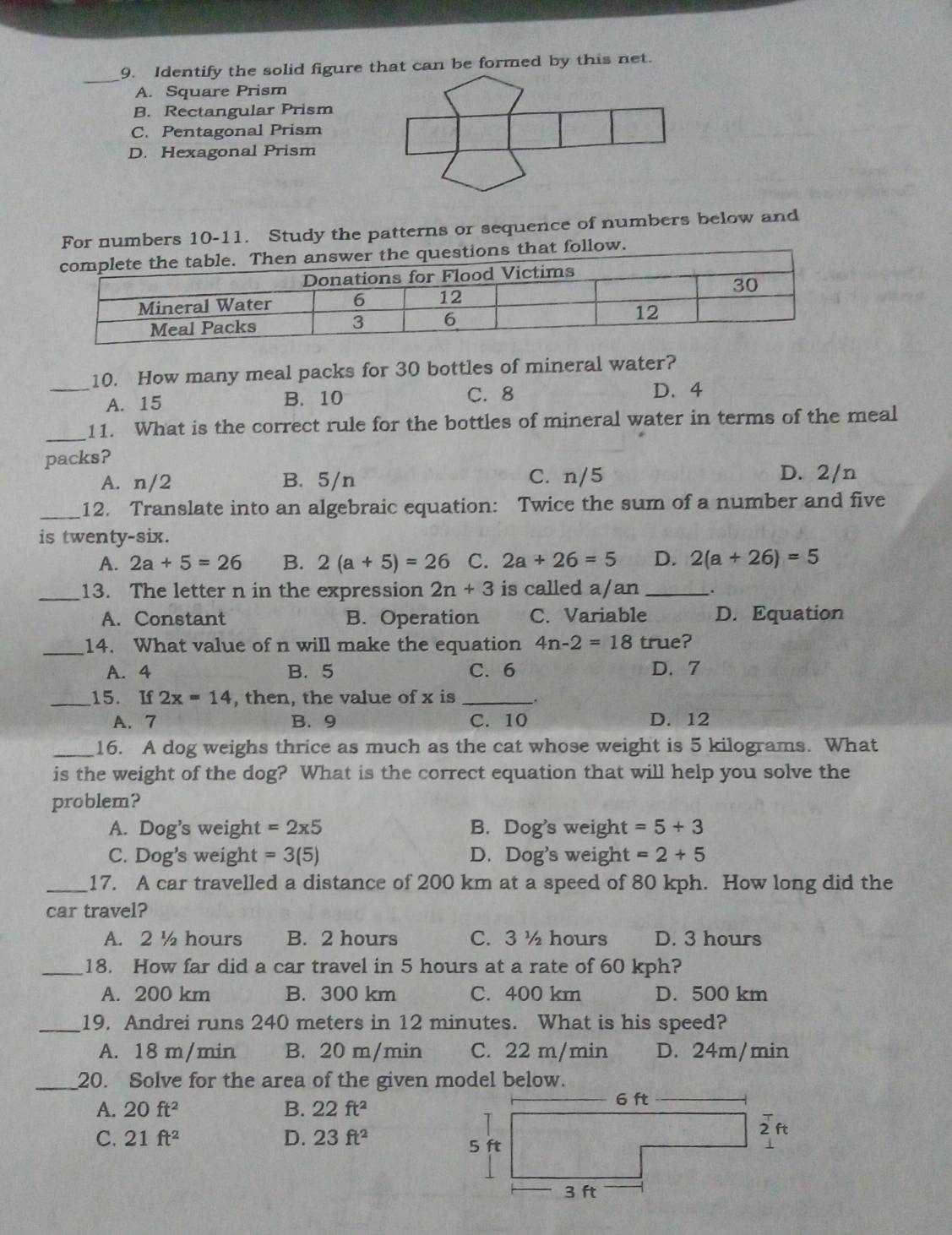 Identify the solid figure that can be formed by this net.
A. Square Prism
B. Rectangular Prism
C. Pentagonal Prism
D. Hexagonal Prism
For numbers 10-11. Study the patterns or sequence of numbers below and
questions that follow.
10. How many meal packs for 30 bottles of mineral water?
_A. 15 B. 10 C.8
D. 4
_11. What is the correct rule for the bottles of mineral water in terms of the meal
packs?
A. n/2 B. 5/n C. n/5 D. 2/n
_12. Translate into an algebraic equation: Twice the sum of a number and five
is twenty-six.
A. 2a+5=26 B. 2(a+5)=26 C. 2a+26=5 D. 2(a+26)=5
_13. The letter n in the expression 2n+3 is called a/an _.
A. Constant B. Operation C. Variable D. Equation
_14. What value of n will make the equation 4n-2=18 true?
A. 4 B.5 C. 6 D. 7
_15. If 2x=14 , then, the value of x is_
A. 7 B. 9 C. 10 D. 12
_16. A dog weighs thrice as much as the cat whose weight is 5 kilograms. What
is the weight of the dog? What is the correct equation that will help you solve the
problem?
A. Dog's weight =2* 5 B. Dog's weight =5+3
C. Dog’s weight =3(5) D. Dog's weight =2+5
_17. A car travelled a distance of 200 km at a speed of 80 kph. How long did the
car travel?
A. 2 ½ hours B. 2 hours C. 3 ½ hours D. 3 hours
_18. How far did a car travel in 5 hours at a rate of 60 kph?
A. 200 km B. 300 km C. 400 km D. 500 km
_19. Andrei runs 240 meters in 12 minutes. What is his speed?
A. 18 m/min B. 20 m/min C. 22 m/min D. 24m/min
_20. Solve for the area of the given model below.
A. 20ft^2 B. 22ft^2
C. 21ft^2 D. 23ft^2