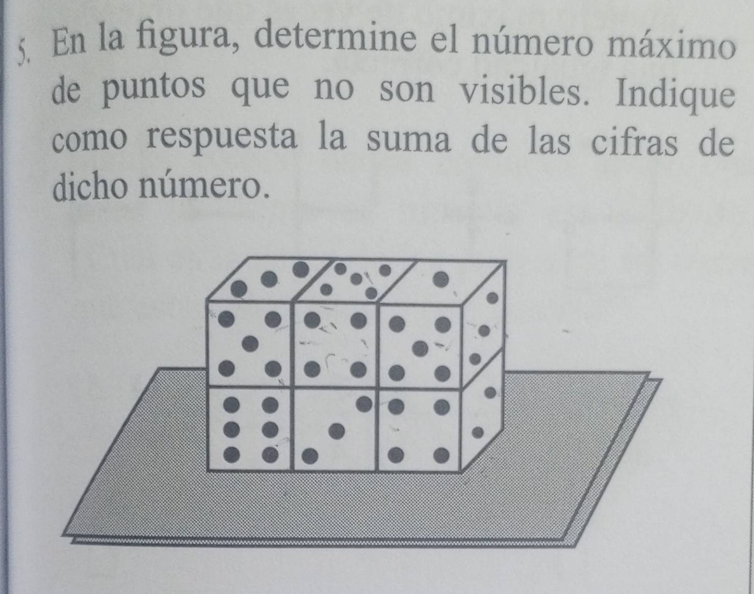 En la figura, determine el número máximo 
de puntos que no son visibles. Indique 
como respuesta la suma de las cifras de 
dicho número.