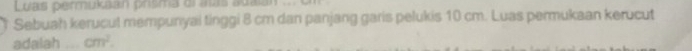 Luas permukean prisma dl aas sual 
Sebuah kerucut mempunyai tinggi 8 cm dan panjang garis pelukis 10 cm. Luas permukaan kerucut 
adalah _ cm^2.