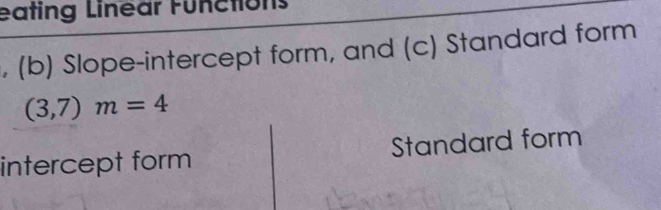 eating Linear Functions 
, (b) Slope-intercept form, and (c) Standard form
(3,7)m=4
intercept form Standard form