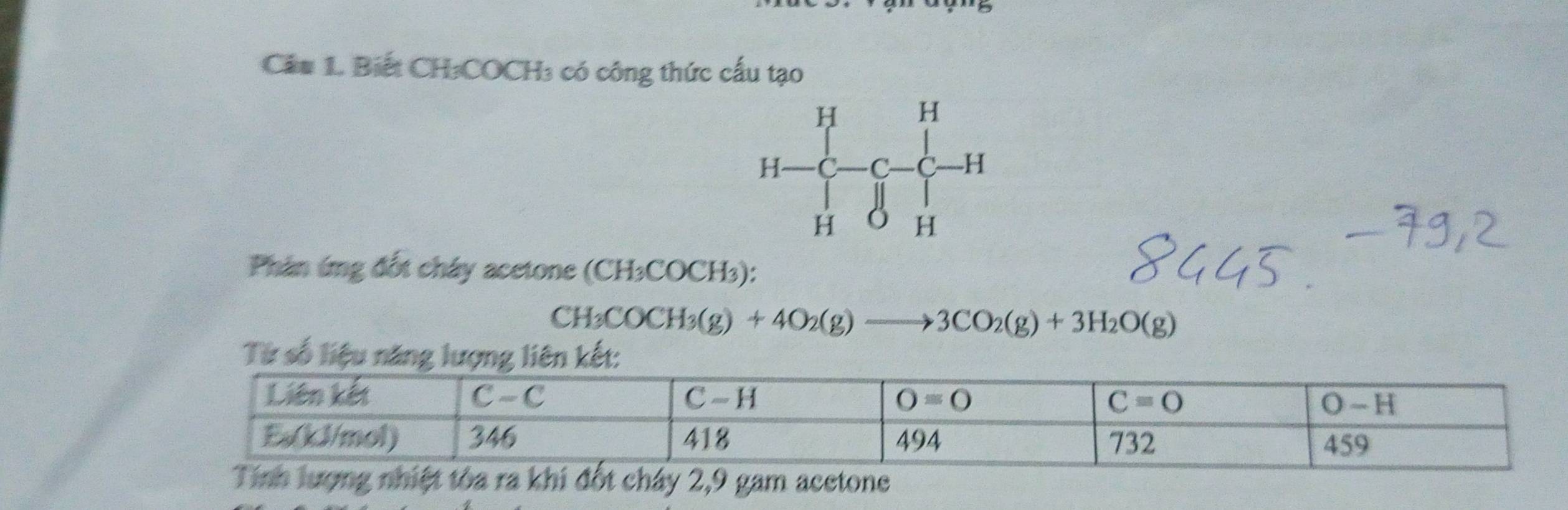 Cầu 1. Biết CH:COCH₃ có công thức cấu tạo
Phân ứng đốt chây acetone (CH₃COCH₃):
CH₃CO CH_3(g)+4O_2(g) to 3CO_2(g)+3H_2O(g)