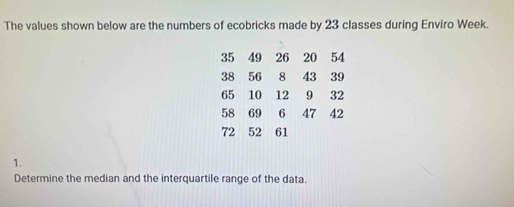 The values shown below are the numbers of ecobricks made by 23 classes during Enviro Week.
35 49 26 20 54
38 56 8 43 39
65 10 12 9 32
58 69 6 47 ₹42
72 52 61
1. 
Determine the median and the interquartile range of the data.