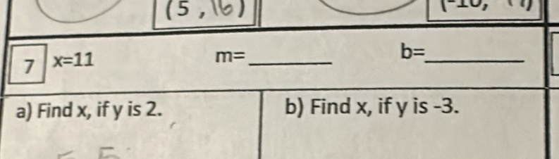 (5,)
(-10,10
7 x=11
m= _ 
_ b=
a) Find x, if y is 2. b) Find x, if y is -3.