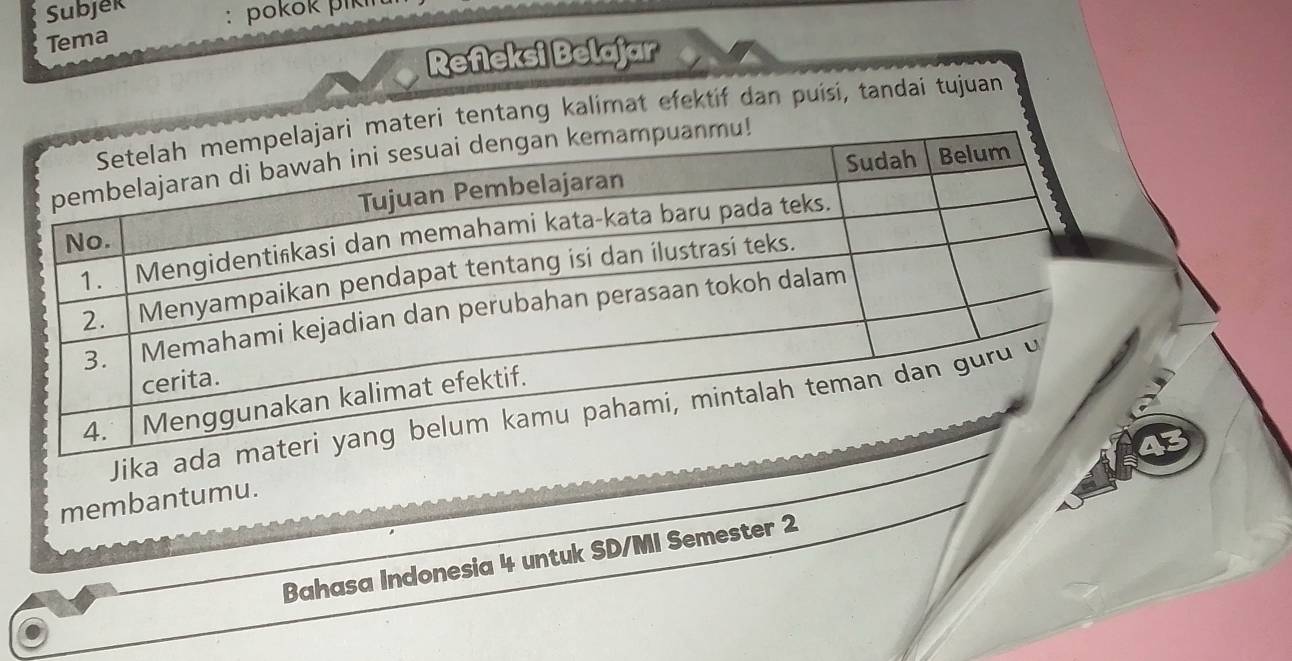 Subjek : pokok pik 
Tema 
Refleksi Belajar 
eri tentang kalimat efektif dan puísi, tandai tujuan 
J 
membantumu. 
Bahasa Indonesia 4 untuk SD/MI Semester 2