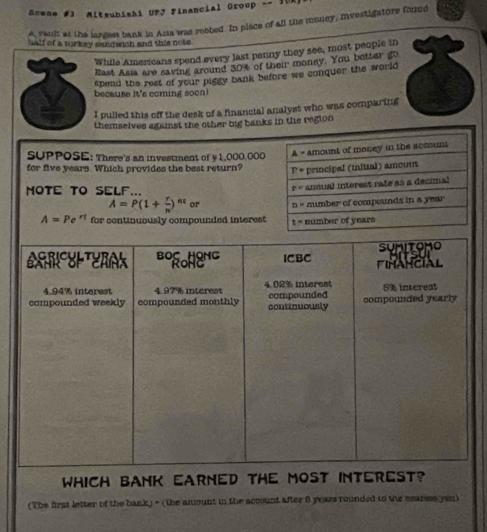 Grene #3 Mitsubishi UFJ Financial Group -- 10A
a, yault at the largess bank in Asia was rebbed. In place of all the money, myestigators found
half of a turkey sandwich and this note.
While Americans spend every last penny they see, most people in
East Asia are saving around 30% of their money. You better go
spend the rest of your piggy bank before we conquer the world
because it's coming soon !
I pulled this off the desk of a financial analyst who was comparing
themselves against the other big banks in the region
SUPPOSE: There's an investment of y1,000.000
for five years. Which provides the best return? 
mote to self...
A=P(1+ r/n )^nt or 
which bank earned th
(The first letter of the bank) = (the amount in the actount after 6 years rounded to the rearest yen)