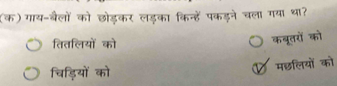 (क) गाय-बैलों को छोड़कर लड़का किन्हें पकड़ने चला गया था?
तितलियों को
कबूतरों को
चिड़ियों को मछलियों को