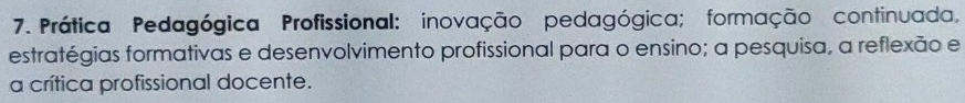 Prática Pedagógica Profissional: inovação pedagógica; formação continuada, 
estratégias formativas e desenvolvimento profissional para o ensino; a pesquisa, a reflexão e 
a crítica profissional docente.