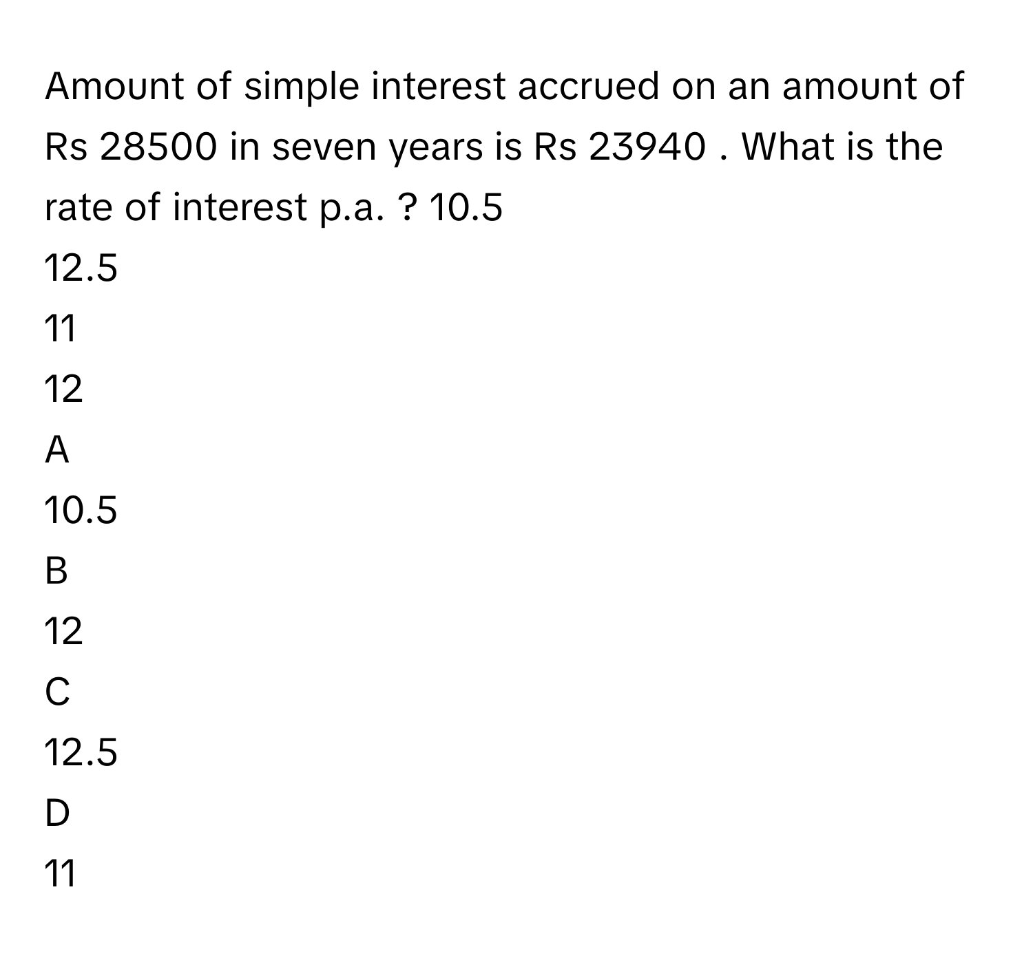 Solved: Amount of simple interest accrued on an amount of Rs 28500 in ...