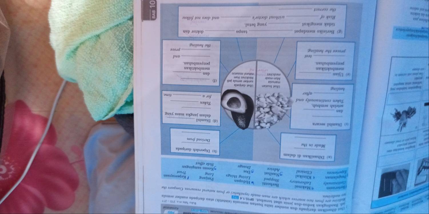 ) hat dihasilkan daripada dua sumber initu buatan manusia (sintetik) atau daripada sumber semula 
h Bandingkan kedua-dua jenia ubat tersebut. 810.1.4
Buku Teks m.s. 210 - 211
go medicines 
Melicine are from two sources which are man-made (synthetic) or from natural resources. Compare the 
(Berteruann 4 Makmal 
Continuously Laboratory 
Berhenti Hidupan Panjang f Kepercayaan 
Jengalaman e Klinikal Stopped Living things Long Trunt 
9Nasihat *Kesan sampingan 
Advice Dosage 
Experiences Clinical 9 Dos Side effect 
(a) Dihasilkan di dalam (b) Diperoleh daripada 
_ 
_ 
ao todu Bógkas kosskitue atau 
p ret petrükit 
Made in the 
Molaa pas en 19996 annses 
Derived from 
_ 

_ 
(c) Diambil secara (d) Diambil_ 
dalam jangka masa yang 
_ 
dan_ 
setelah sembuh. Taken 
Taken continuously and for a__ 
_after time. 
Magnakan tambnahas rong 
healing Ubat daripada 
Ubat buatan 
Skianat anfak regnist 
manusia sumber semula jadi 
Man-made Medicines from (f)_ 
Une platee with nurente der (e) Ujian _medicines natural resources dan_ 
d membuktikan membuktikan 
penyembuhan. penyembuhan. 
_test 
_and 
proves the healing. _prove 
the healing. 
Anipaketik Antpsychatics 
(g) Berisiko mendapat _tanpa_ 
doktor dan 
tidak mengikut _yang betul. 
Balace paín 
Risk of _without doctor's _and does not follow 
ris dan kodeina 
rin and cocleine 
the correct_