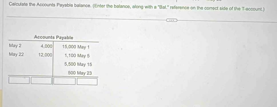 Calculate the Accounts Payable balance. (Enter the balance, along with a "Bal." reference on the correct side of the T -account.) 
Accounts Payable 
May 2 4,000 15,000 May 1
May 22 12,000 1,100 May 5
5,500 May 15
500 May 23