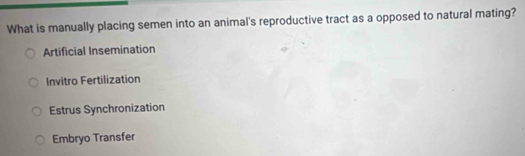 What is manually placing semen into an animal's reproductive tract as a opposed to natural mating?
Artificial Insemination
Invitro Fertilization
Estrus Synchronization
Embryo Transfer