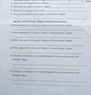 What are the horizontal rows called?_ 
7. What are the vertical columns called?_ 
8. Elements in a group have similar_ 
9. Why did Mendeleev leave gaps in his Periodic Table? 
_ 
Use the current Periodic Table to answer the questions 
10.Which element is in Group 1, Period 3 of the Periodic Table? 
_ 
11.Which element is in Group 4. Period 1 of the Periodic Table? 
_ 
12. Which element is in Group 2. Period 2 of the Periodic Table? 
_ 
13. Which element is in Group 4. Period 1 of the Periodic Table? 
_ 
14. is Sodium a metal or a non-metal? Explain how you know from the 
Periodic Table. 
_ 
_ 
1.5. Is Krypton a metal or a non-metal? Explain how you know from the 
Periodic Table. 
_ 
_