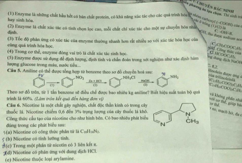 Chuyên Bác Ninh
Cphiều phương ân lựa chọn. Thí sinh trí
(1) Enzyme là những chất hầu hết có bản chất protein, có khả năng xúc tác cho các quá trình hóa 
hay sinh hóa.
va nhóm carboxyl (-COOH) của (
các ô trống (1)/(2) là
(2) Enzyme là chất xúc tác có tính chọn lọc cao, mỗi chất chỉ xúc tác cho một sự chuyển hóa nhât
djnh.
C. -OH/-R.
OH, thu được sođium ace
(3) Tốc độ phản ứng có xúc tác của enzyme thường nhanh hơn rắt nhiều so với xúc tác hóa học của
cùng quá trình hóa học.
C. CH₃COOC₂H₃
acid. Công thức của
(4) Trong cơ thể, enzyme đóng vai trò là chất xúc tác sinh học.
C. HCOOC₂H₅.
(5) Enzyme được sử dụng để định lượng, định tính và chẩn đoán trong xét nghiệm như xác định hàm ing dung dịch NaOH
lượng glucose trong máu, nước tiểu...
Câu 5. Aniline có thể được tổng hợp từ benzene theo sơ đồ chuyển hoá sau:
C 8,2. ilinolein được ứng ở
NO_2
NH_3Cl
của trilinoleinlà (C₁7H3₁COO)2 C_3H
Zn+HCl NaOH
NH_2 (C17H35COO)3C3H5
(1) (3)
a
Theo sơ đồ trên, từ 1 tấn benzene sẽ điều chế được bao nhiêu kg aniline? Biết hiệu suất toàn bộ quá
và không phần nhá
trình là 60%. (Làm tròn kết quả đến hàng đơn vị)
với cơ thể, giúp bắ
Câu 6. Nicotine là một chất gây nghiện, chất độc thần kinh có trong cây
: thể,
thuốc lá. Nicotine chiếm 0,6 đến 3% trọng lượng của cây thuốc lá khô.
7 no, mạch hở, đa c
Công thức cấu tạo của nicotine cho như hình bên. Có bao nhiêu phát biểu
đúng trong các phát biểu sau:
5(a) Nicotine có công thức phân tứ là C_10H_14N_2.
5 (b) Nicotine cô tính lưỡng tính.
ở (c) Trong một phân tử nicotin có 3 liên kết π.
(d) Nicotine có phản ứng với dung dịch HCl.
(e) Nicotine thuộc loại arylamine.