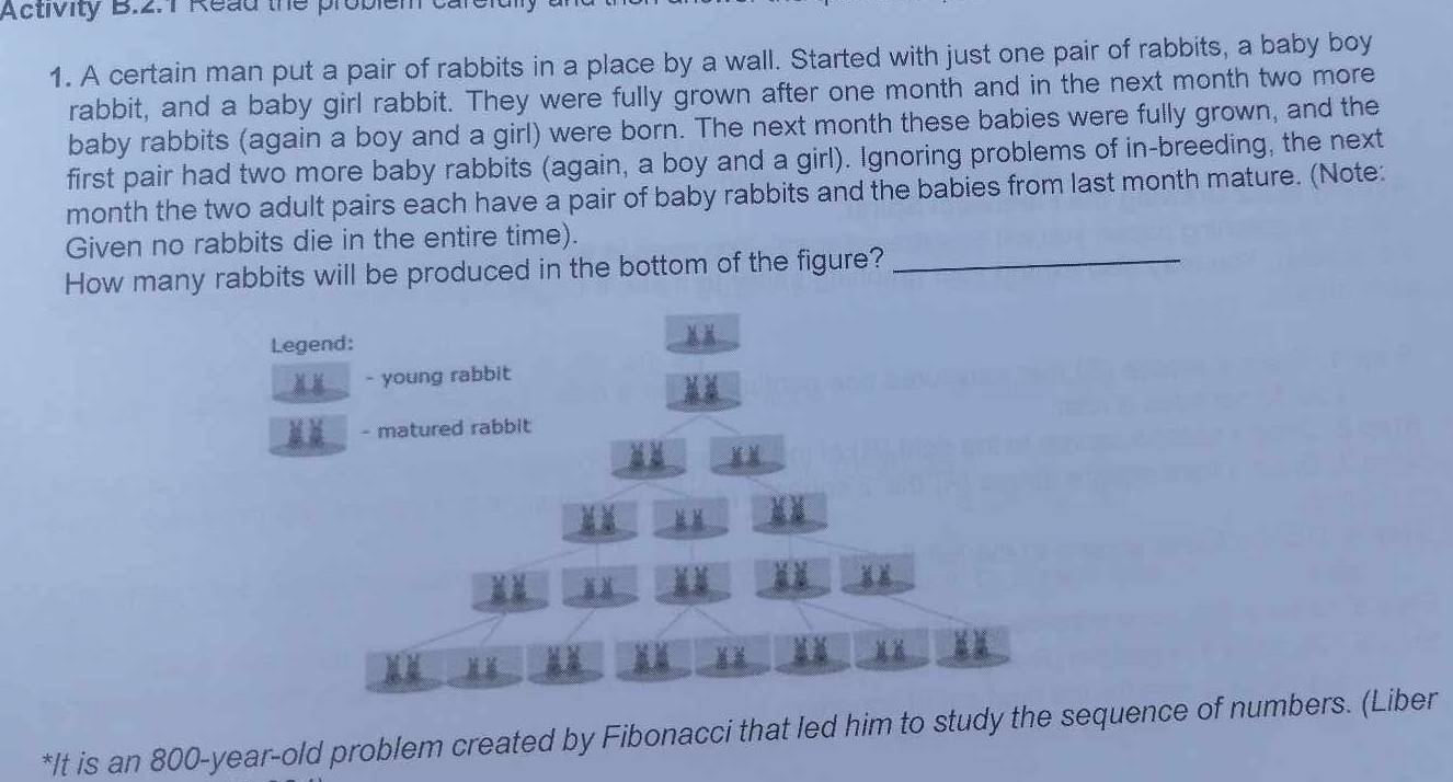 Activity B.2.1 Read the problem can 
1. A certain man put a pair of rabbits in a place by a wall. Started with just one pair of rabbits, a baby boy 
rabbit, and a baby girl rabbit. They were fully grown after one month and in the next month two more 
baby rabbits (again a boy and a girl) were born. The next month these babies were fully grown, and the 
first pair had two more baby rabbits (again, a boy and a girl). Ignoring problems of in-breeding, the next 
month the two adult pairs each have a pair of baby rabbits and the babies from last month mature. (Note: 
Given no rabbits die in the entire time). 
How many rabbits will be produced in the bottom of the figure?_ 
Legend: 
- young rabbit 
- matured rabbit 
a 





*It is an 800-year-old problem created by Fibonacci that led him to study the sequence of numbers. (Liber