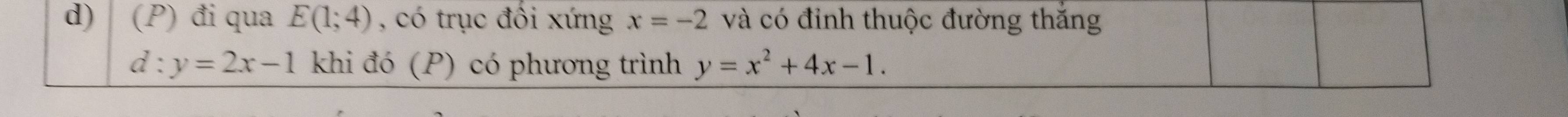 đi qua E(1;4) , có trục đổi xứng x=-2 và có đỉnh thuộc đường thắng
d:y=2x-1 khi đó (P) có phương trình y=x^2+4x-1.