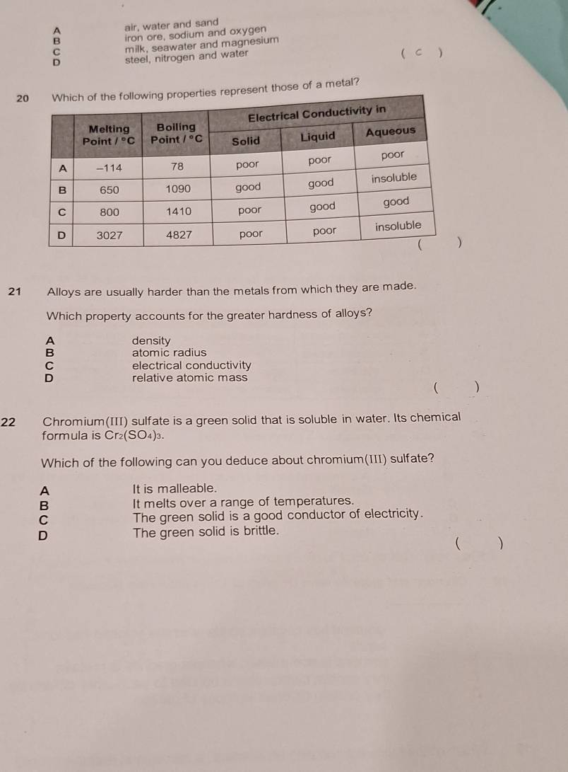 A air, water and sand
B iron ore, sodium and oxygen
C milk, seawater and magnesium
D steel, nitrogen and water
 C )
2nt those of a metal?
21 Alloys are usually harder than the metals from which they are made.
Which property accounts for the greater hardness of alloys?
A density
B atomic radius
C electrical conductivity
D relative atomic mass
( )
22 Chromium(III) sulfate is a green solid that is soluble in water. Its chemical
formula is Cr₂(SO₄)₃.
Which of the following can you deduce about chromium(III) sulfate?
A It is malleable.
B It melts over a range of temperatures.
C The green solid is a good conductor of electricity.
D The green solid is brittle.
( )