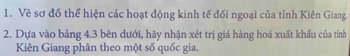 Vẽ sơ đồ thể hiện các hoạt động kinh tế đối ngoại của tỉnh Kiên Giang. 
2. Dựa vào bảng 4. 3 bên dưới, hãy nhận xét trị giá hàng hoá xuất khẩu của tỉnh 
Kiên Giang phân theo một số quốc gia.