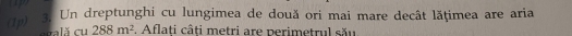 up 
(1p) s. Un dreptunghi cu lungimea de două ori mai mare decât lățimea are aria 
cn lă cu 288m^2 Aflati câti metri are perimetrul său