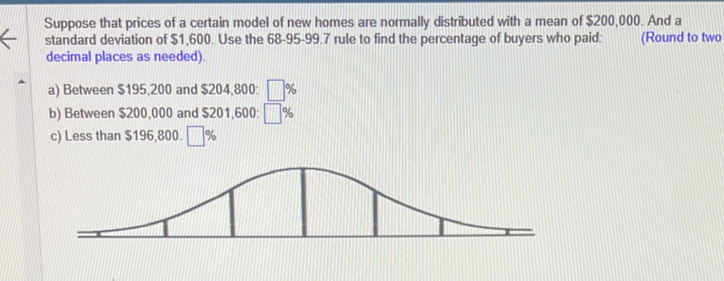 Suppose that prices of a certain model of new homes are normally distributed with a mean of $200,000. And a 
standard deviation of $1,600. Use the 68-95-99.7 rule to find the percentage of buyers who paid: (Round to two 
decimal places as needed). 
a) Between $195,200 and $204,800: %
b) Between $200,000 and $201,600: %
c) Less than $196,800. □ %