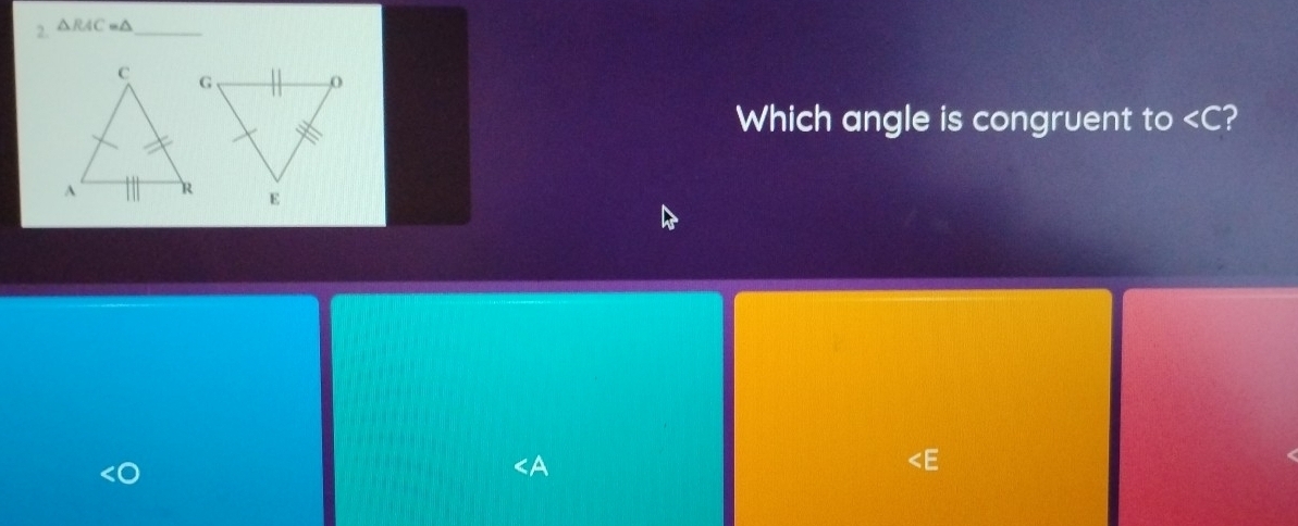 △ RAC=△ _ 
Which angle is congruent to 2