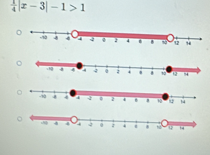  1/4 |x-3|-1>1