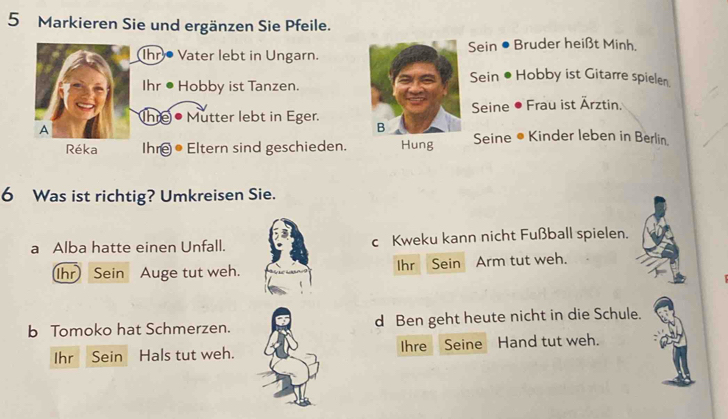 Markieren Sie und ergänzen Sie Pfeile.
Ihr• Vater lebt in Ungarn.Sein ● Bruder heißt Minh.
Ihr ● Hobby ist Tanzen.Sein● Hobby ist Gitarre spielen
he Mutter lebt in Eger. Seine • Frau ist Ärztin.
A
Réka Ihre ● Eltern sind geschieden. Hung Seine • Kinder leben in Berlin.
6 Was ist richtig? Umkreisen Sie.
a Alba hatte einen Unfall. c Kweku kann nicht Fußball spielen.
Ihr Sein Auge tut weh. Ihr Sein Arm tut weh.
b Tomoko hat Schmerzen. d Ben geht heute nicht in die Schule.
Ihr Sein Hals tut weh. Ihre Seine Hand tut weh.