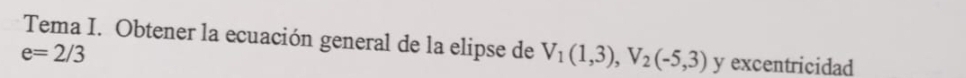 Tema I. Obtener la ecuación general de la elipse de V_1(1,3), V_2(-5,3) y excentricidad
e=2/3