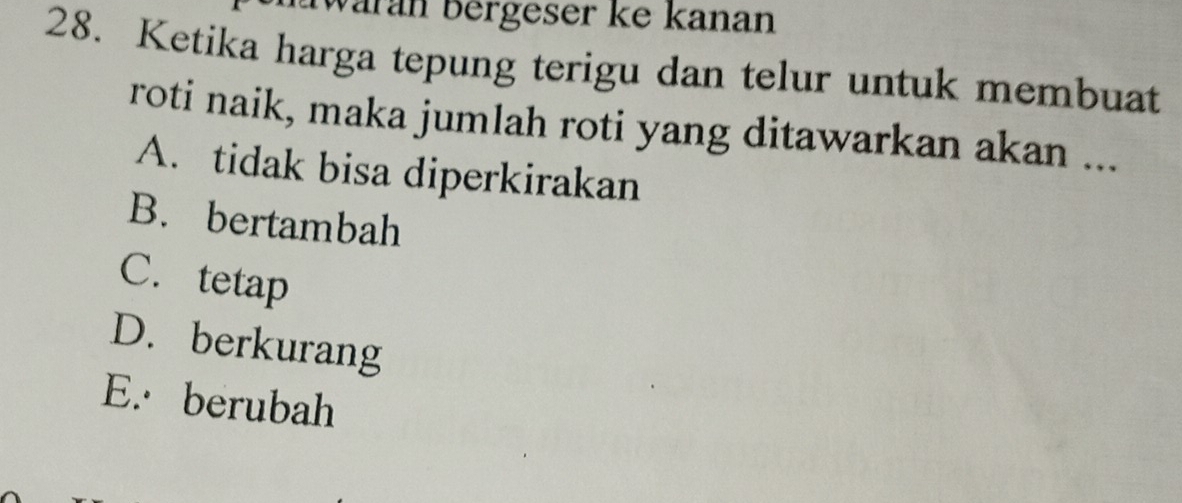 Daran Bergeser ke kanan
28. Ketika harga tepung terigu dan telur untuk membuat
roti naik, maka jumlah roti yang ditawarkan akan ...
A. tidak bisa diperkirakan
B.bertambah
C. tetap
D. berkurang
E. berubah