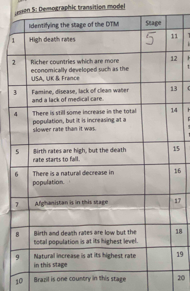 Lesson 5: Demographic transition model 
1 
1
2
2
t
3 (
4
5
6
7
18
19
10 Brazil is one country in this stage 20