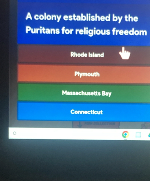 A colony established by the
Puritans for religious freedom
Rhode Island
Plymouth
Massachusetts Bay
Connecticut
FISH COLLECTION