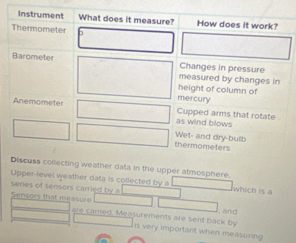 Instrument What does it measure? How does it work?
Thermometer
Barometer Changes in pressure
measured by changes in
height of column of
mercury
Anemometer Cupped arms that rotate
as wind blows
Wet- and dry-bulb
thermometers
Discuss collecting weather data in the upper atmosphere.
Upper-level weather data is collected by a which is a
series of sensors carried by a
Sensors that measure , and
are carried. Measurements are sent back by
is very important when measuring