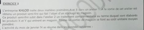 L'entreprise KHLOD traite deux matières premières A et 8 dans un atelier 1. A la sortie de cet atelier est 
obtenu un produit semi-fini qui fait l'objet d'un stockage en magasin. 
Ce produit semi-fini subit dans l'atelier 2 un traitement complémentaire au terme duquel sont élaborés 
les produits X et Y qui entrent en magasin. Toutes les sorties de magasin se font au coût unitaire moyen 
pondéré. 
L'activité du mois de janvier N se résume dans les données suivantes :