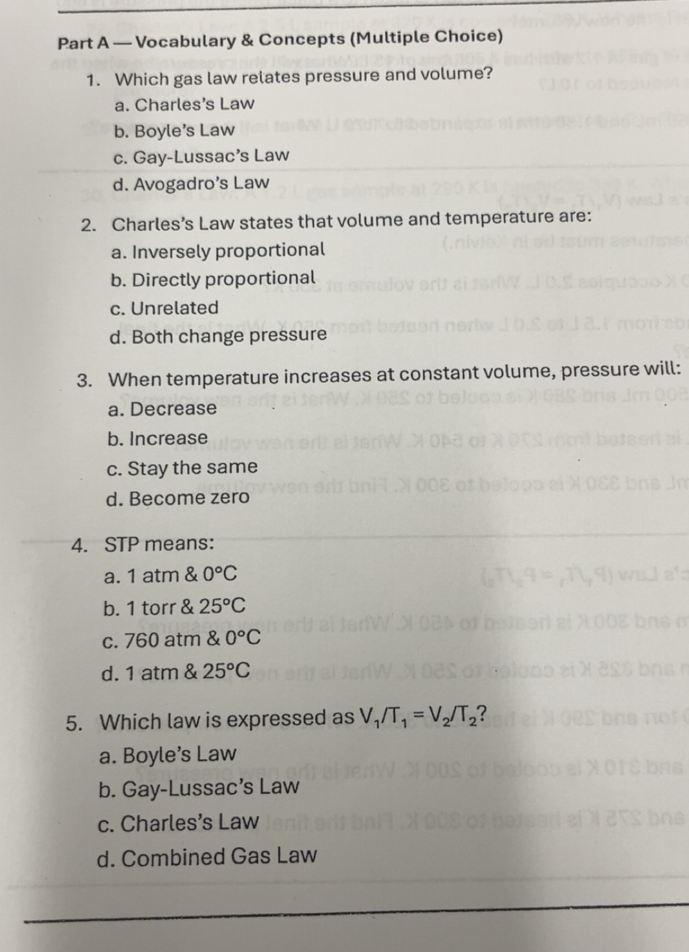 Solved: — Vocabulary & Concepts (Multiple Choice) 1. Which gas law ...