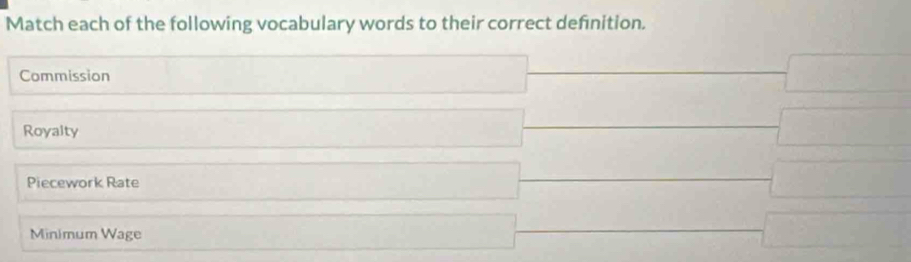 Match each of the following vocabulary words to their correct definition.
Commission
Royalty
Piecework Rate
Minimum Wage