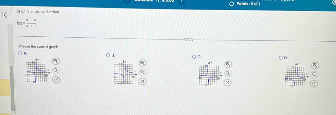 Graph the rational function.
f(x)= (x+4)/x+1 
Choose the correct graph 
A. 
B. 
C. 
D. 

B